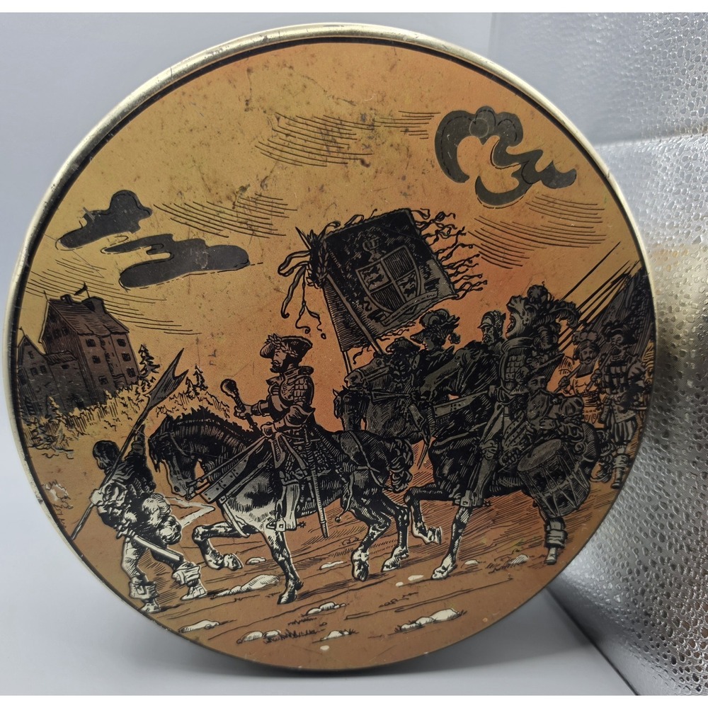 Vintage Round Metal Tin Medieval Knights Horse Procession Decorative 8” Storage